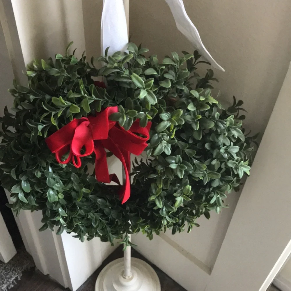 Faux Boxwood Wreath Home Decor Red Bow Final Sale